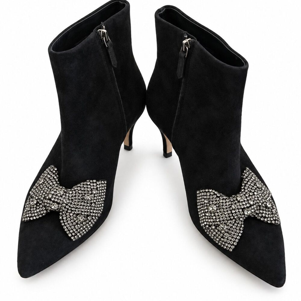 New Tory Burch Crystal Bow Suede Ankle Boots Black Pointed Toe Size 9 $498